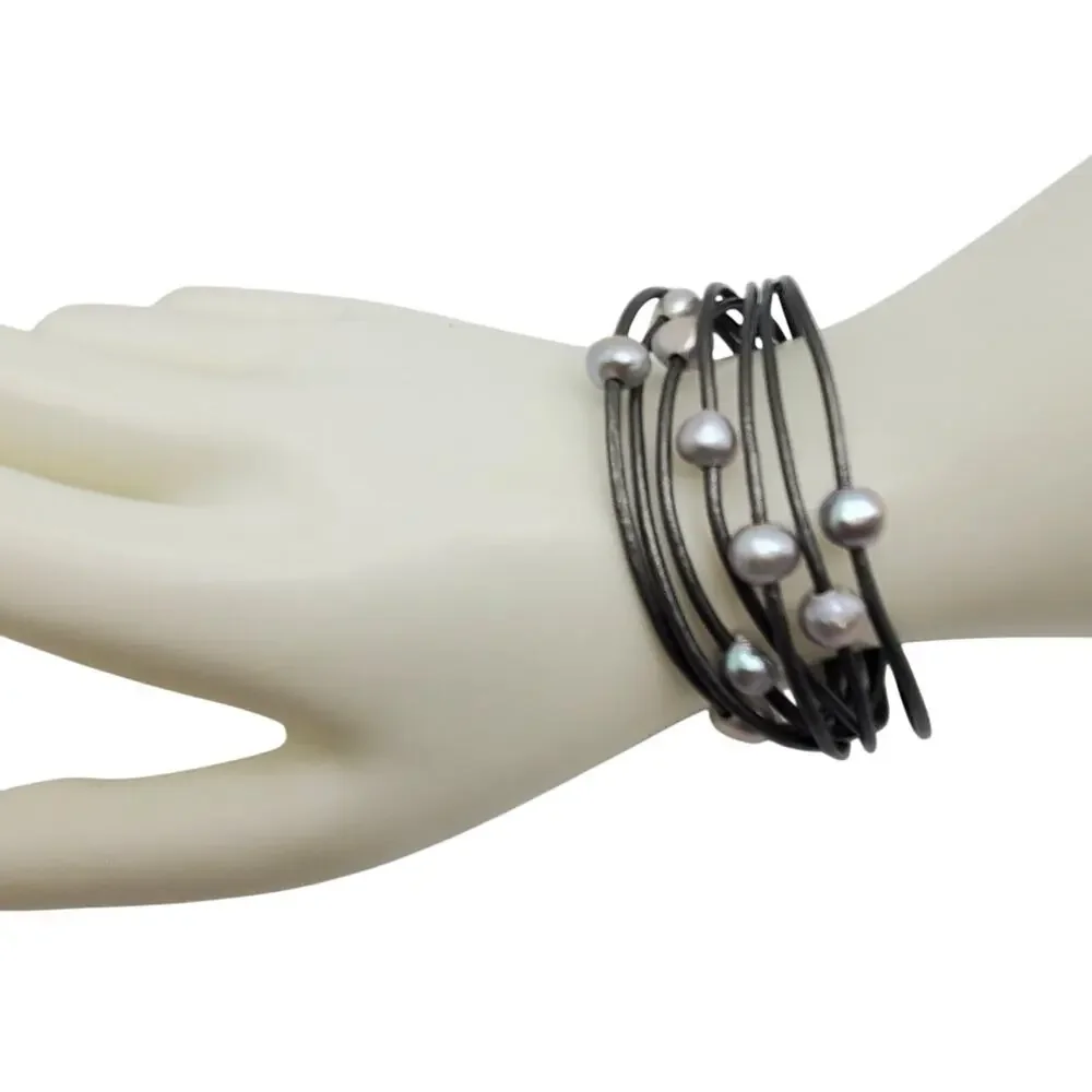Saachi Freshwater Pearl Bracelet Gray Gunmetal Multi Strap Wrap Layered Modern - Picture 10 of 10
